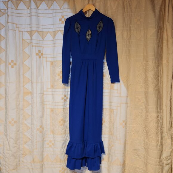 👑 VTG 70s Mikey Jrs Maxi Gown Royal Blue Ruffle High Collar Formal 💙 - Picture 2 of 9